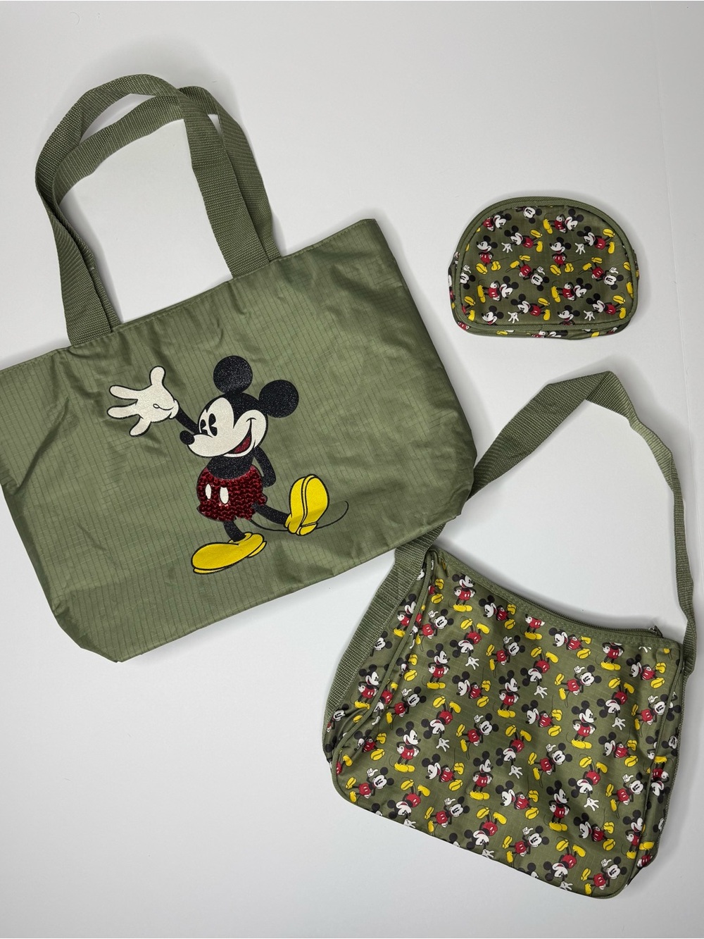 Disney Mickey Mouse Bag Set 3pc Tote Crossbody Pouch Green